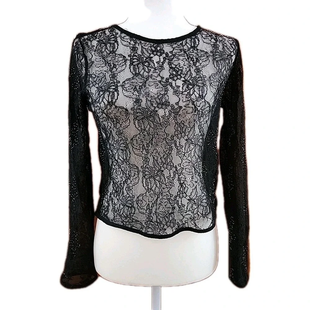 Zara Womens Sheer Top Size S Black Lace Beaded Long Sleeve Goth‎ Going Out Edgy